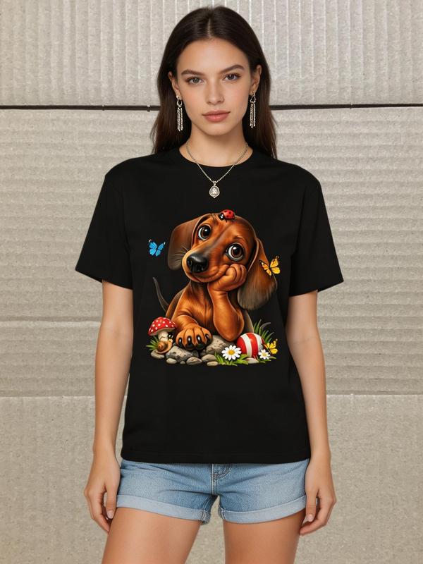 Women's Casual Fitted Cut Dachshund Print Short Sleeve Tshirt - Soft Cotton, Crew Neck, Backless Boho Top with Bow, Plus Size for Dog Lovers, Valentine's Day Heat Transfer