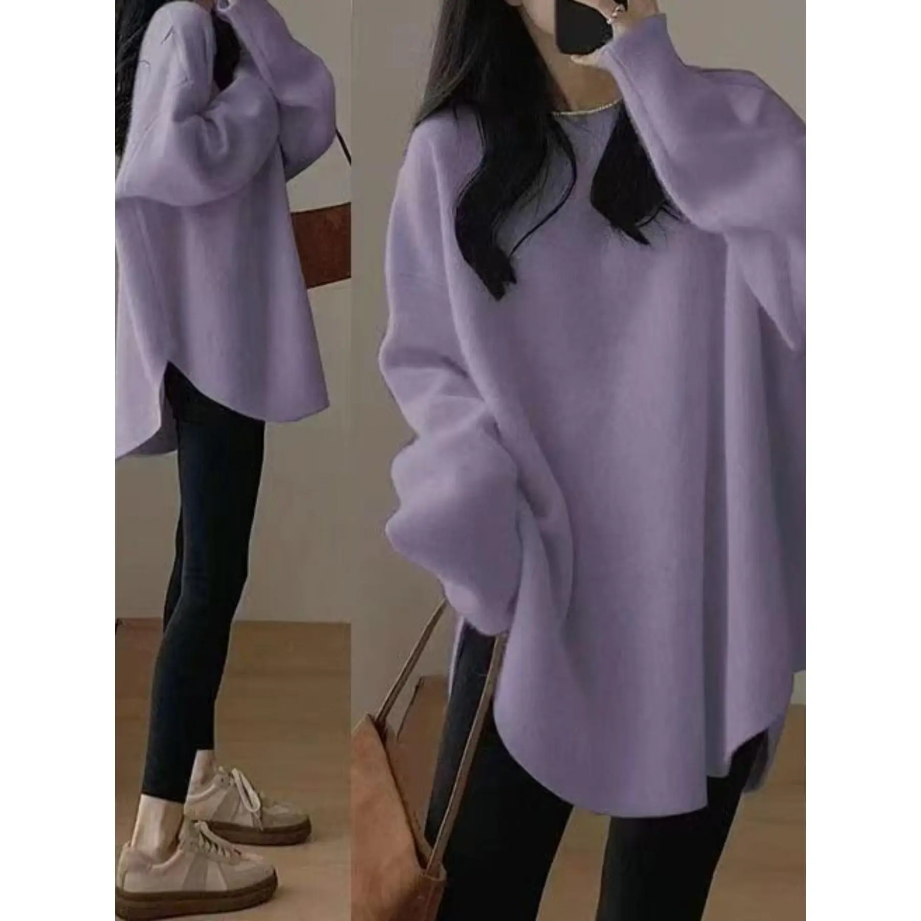 Women'S Oversized Loose Fit Turtleneck Sweater - Soft Long Sleeve Round Neck Winter Warmth, Solid Color Casual Elegant Sweater for Fall & Winter, Layering Essential, Versatile Everyday & Formal Wear, Cozy Sweater for Women (Purple/Black/Navy/Beige/Brown)