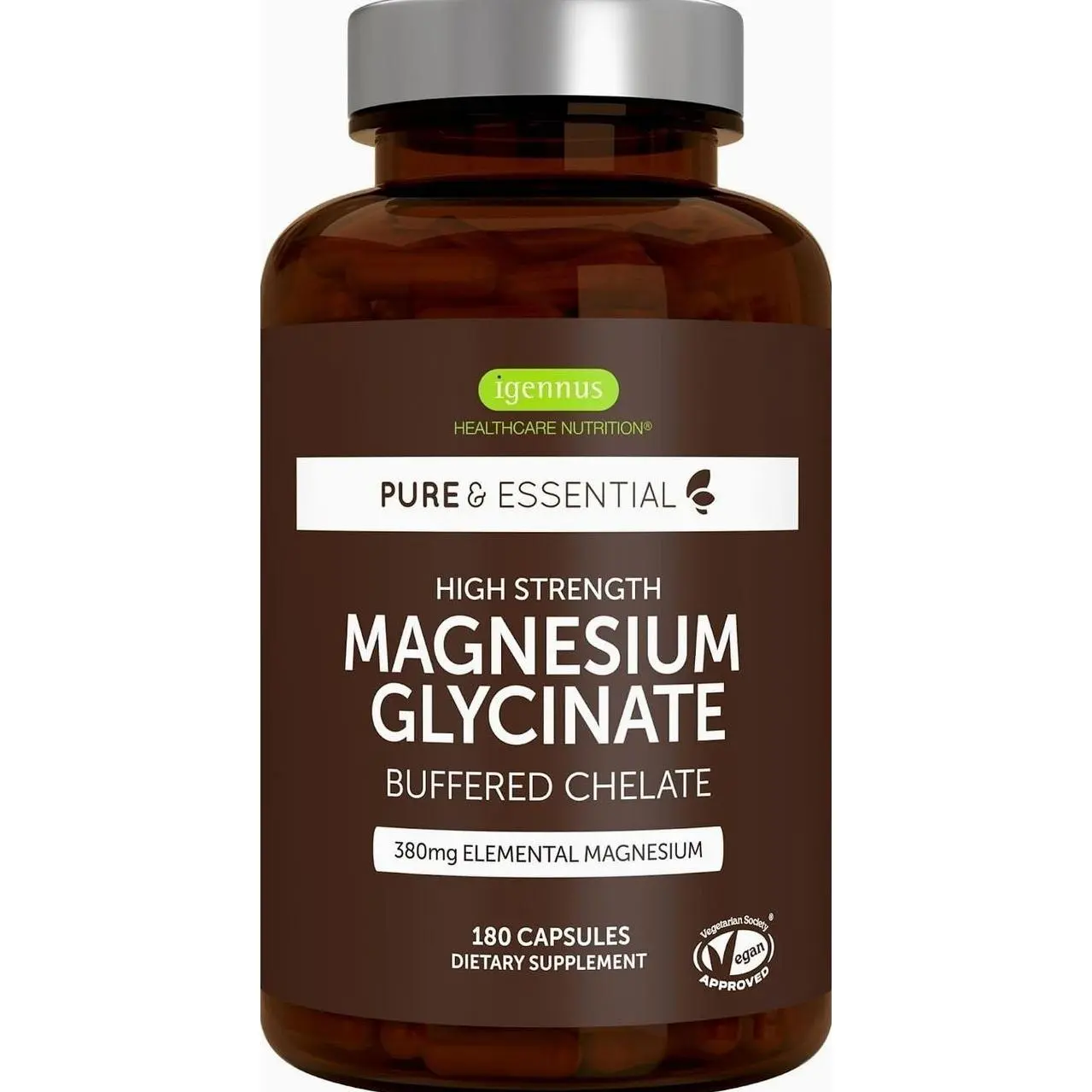 Igennus Highest Strength Chelated Magnesium Glycinate 1300mg, 380mg Elemental, 90 Servings, Pure & Clean Buffered Magnesium Bisglycinate, Vegan, 180 Capsules