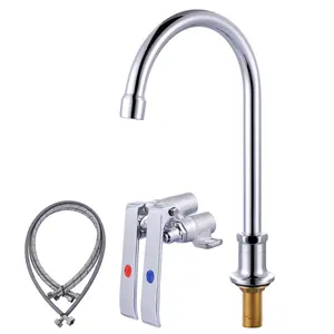 WOWOW Modern Brass Copper Hands-Free Dual ft-Pedal Faucet, Non-Contact Deck-Mounted Sink Faucet with Shelf, Simple Install for Kitchen, Hospital