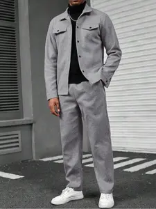 Men's Solid Color Pocket Jacket and Belt Waist Pants Sport Suit Regular Version Mature Business Style, Long Sleeve Jacket Collar Coat and Pocket Long Pants, Men's and Winter Sportswear, Sport Leisure Suit Casual Sportswear, Casual Suit Set