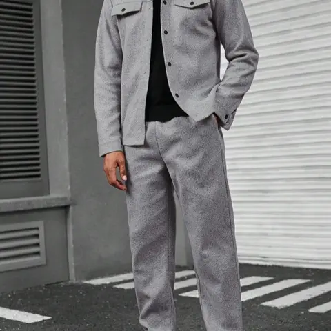 Men's Solid Color Pocket Jacket and Elastic Waist Pants Two-Piece Sports Suit, Regular-Fit Mature Business Style, Long Sleeve Collared Jacket and Pocket Long Trousers, Men's Winter Casual Sports Leisure Wear Outfit Fitted Outfits Set
