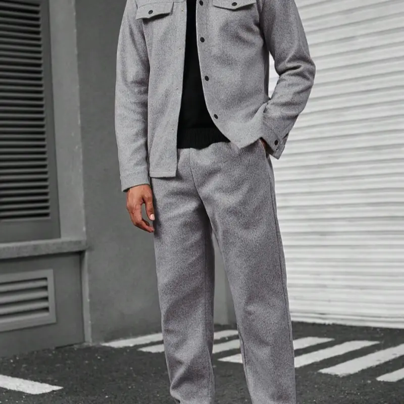 Men's Solid Color Pocket Jacket and Elastic Waist Pants Two-Piece Sports Suit, Regular-Fit Mature Business Style, Long Sleeve Collared Jacket and Pocket Long Trousers, Men's Winter Casual Sports Leisure Wear Outfit Fitted Outfits Set