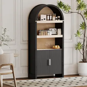 71 Inch Modern Fluted Arched Bookcase  Book Shelf with Doors - 3 Open Display Shelves and Adjustable Shelf   Display Case Storage Cabinet  Wooden 5 Tier Book Case for Living Room  Office - Black Oak