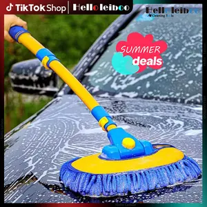 LEIBOO 47'' Long handle car wash mop brush (Blue)，15° ergonomic design protect your waist，retractable aluminum pole (convenient & reliable), microfiber material car wash brush, suitable for Car, RV, Truck and Home Cleaning - Labor Day Gift!