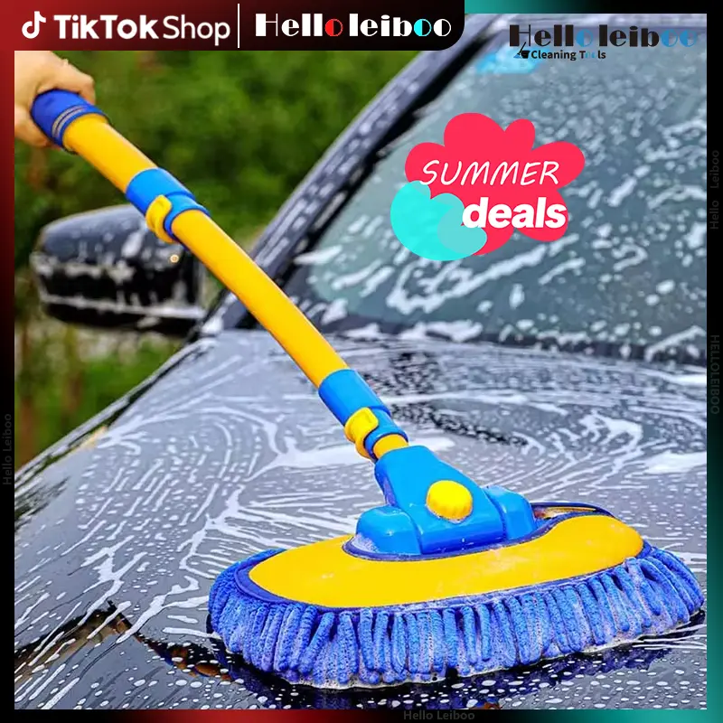 LEIBOO 47'' Long handle car wash mop brush (Blue)，15° ergonomic design protect your waist，retractable aluminum pole (convenient & reliable), microfiber material car wash brush, suitable for Car, RV, Truck and Home Cleaning - Labor Day Gift!