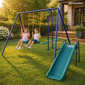 3-in-1 Durable Steel Kids Outdoor Play Backyard Swing Set, Outdoor Stuff for Kids with Belt Swing, Slide and Glider, Playground Equipment,summervibes