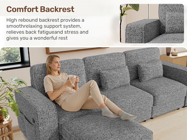 102" Convertible Sectional L-Shaped Sofa Couch with Storable Ottoman,Deep Seat Sofas for Living Room,Bedroom Apartment,with USB Type-C Ports and Pillow (Chenille,Beige)