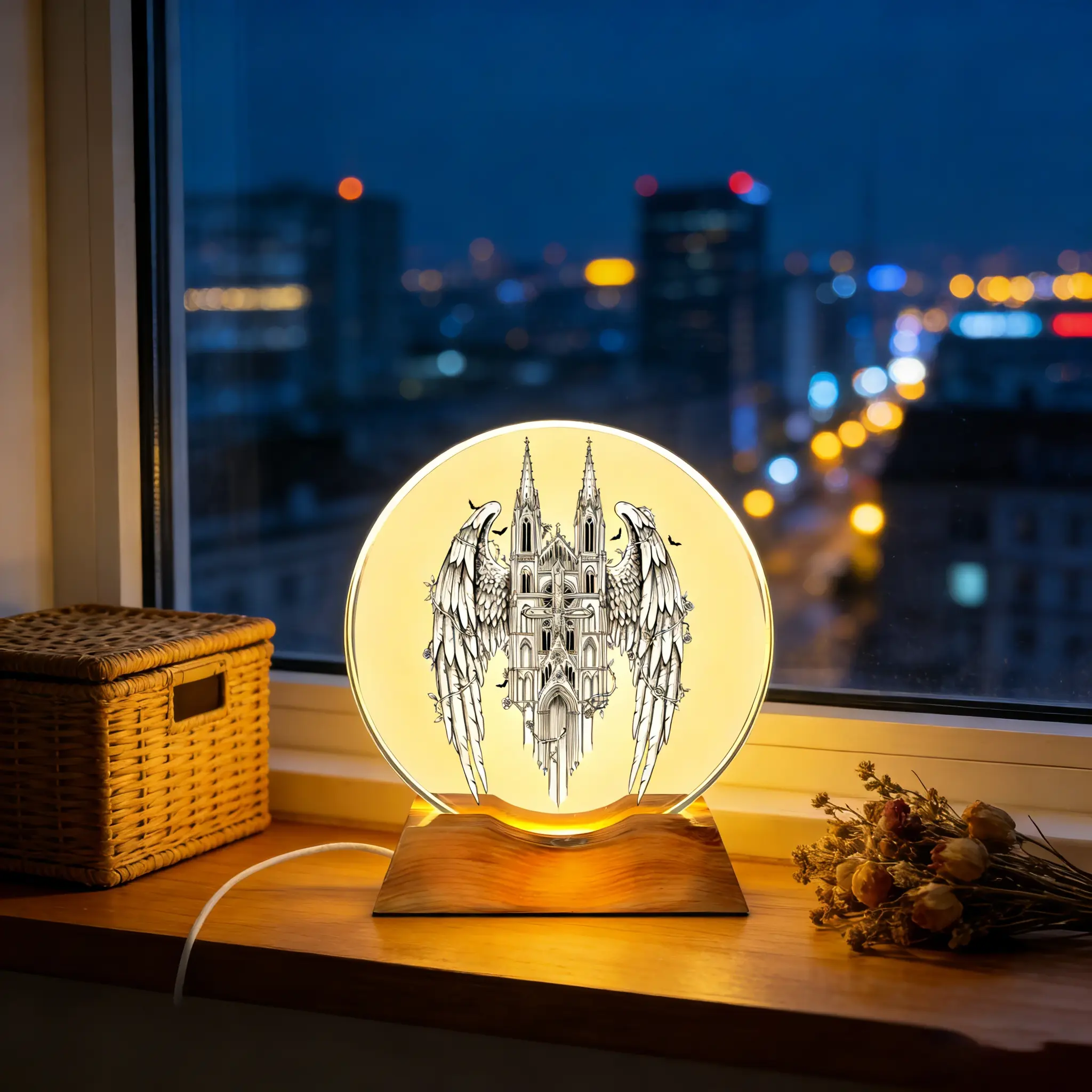 2D Flat Crystal Glass LED Night Light, Multi-Color Touchable Color Changing, Cross Angel Wings Religious Pattern, USB Powered, Religious Table Lamp