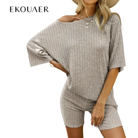 Ekouaer Women's 2-Piece Knitted Maternity Pajama Shorts Set - Bump-friendly Fit, Breathable Ribbed Basics, Stretchy Round Crew Neck Top, Above-the-Knee Bike Shorts, Date & Outdoor Loungewear, S-XXL