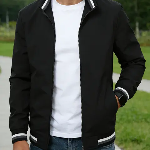 Men's Lightweight Striped Baseball Fashion Jacket - Long Sleeve, Windproof Polyester Woven Smooth Fabric, Stand Collar, Full Zipper, Rib Trim, Concealed Pockets, Regular Fit Menswear Coats, Casual Sports Outerwear Top
