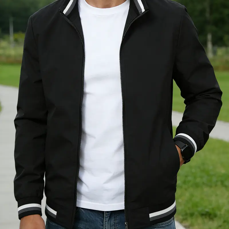 Men's Lightweight Striped Baseball Fashion Jacket - Long Sleeve, Windproof Polyester Woven Smooth Fabric, Stand Collar, Full Zipper, Rib Trim, Concealed Pockets, Regular Fit Menswear Coats, Casual Sports Outerwear Top