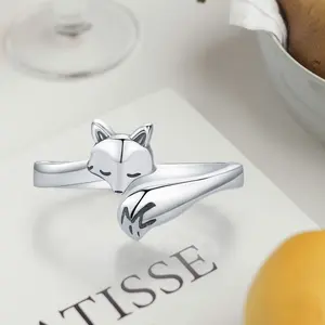 Brighthive fox ring S925 Fox Head Tail Open Ring Adjustable Size Lovers Fashion Handmade Jewelry Suitable as a gift for men and women on Anniversaries Birthdays or Christmas