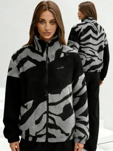 Unisex Y2K Style Letter Pattern Streetwear Camo Patchwork Fleece Jacket, Fall & Winter Warm Coat, High Street Culture, Men's Gift, Couple Fashion, Casual Trendy Coat