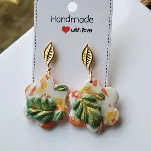 Handmade Polymer Clay Orange Design Earrings with 3D Leaf & Hand painted Golden Accents. Hypoallergenic Lightweight Drop Earrings