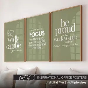 Motivational Wall Art Set of 3, Inspirational Quote Posters, Women Office Decor Sage Green, Inspiring Work Quote Prints, Growth Mindset Art