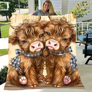 Comfortable and cute cartoon highland cow pattern flannel blanket, fashionable, soft, warm, all season multifunctional gift, perfect for sofas, beds, and travel, is an ideal holiday birthday gift choice for family and friends