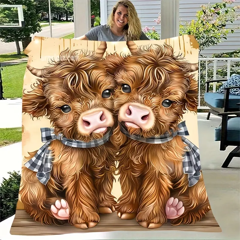 Cow Print Flannel Throw Blanket - Cute Cartoon Highland Cow Pattern, Soft, Warm, Comfortable, All-Season Multifunctional, Ideal for Sofa & Bed, Perfect Holiday Gift for Family, Cow Print Blanket, Flannel Throw Blankets