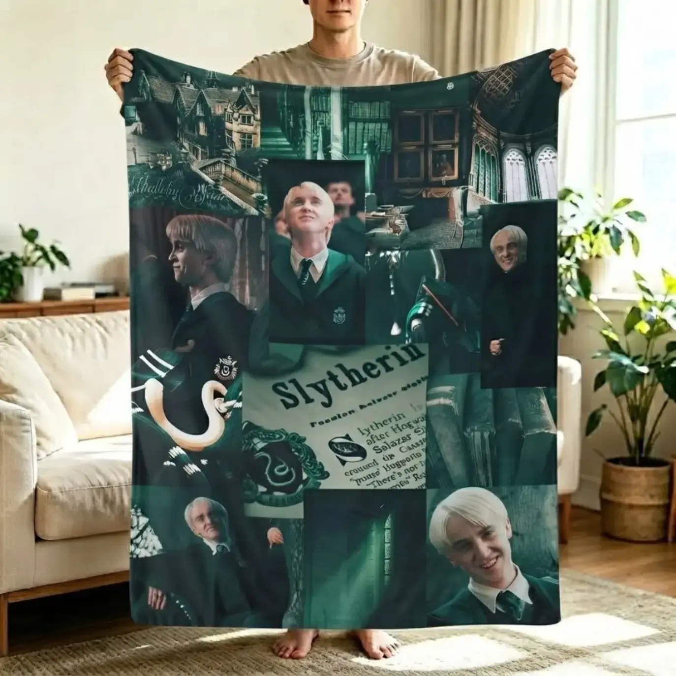Harry Potter Slytherin Character Throw Blanket, Draco Malfoy Graphic Flannel Blanket, Wizarding World Inspired Soft Plush Cozy Blanket for Bedroom Decor, Couch Sofa, Living Room, Dorm Room, Movie Fans, Halloween Decor, Birthday Gift Holiday Gift