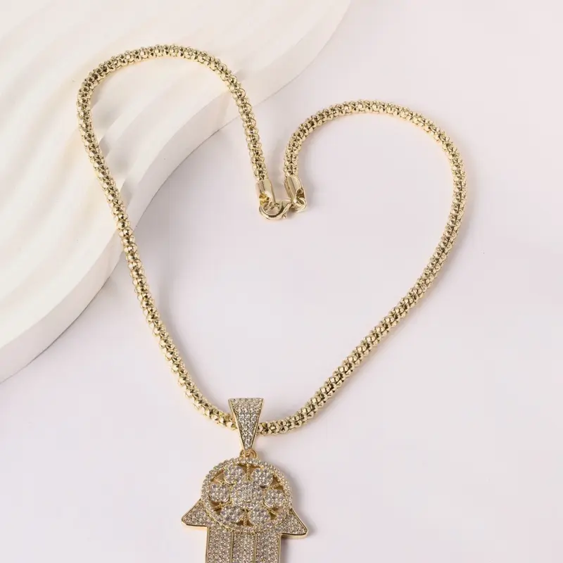 Iced Hamsa Hand Pendant 14K Gold Plated 55mm Large Statement Charm with 16" 4mm Chain High-Quality Stones Spiritual Symbolism Modern Luxury Style