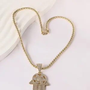 Iced Hamsa Hand Pendant 14K Gold Plated 55mm Large Statement Charm with 16" 4mm Chain High-Quality Stones Spiritual Symbolism Modern Luxury Style