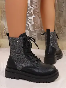 Women's Sparkly Glitter Lace - Up Ankle Boots, Stylish Fashionable Indoor & Outdoor Autumn & Winter Footwear, Female Eye - Catching Glamorous Party & Night - Out Shoes for Festive & Chic Occasions, Girl, Cool Easy - Wear Booties