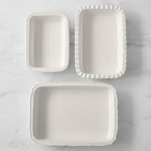 Williams Sonoma Stoneware Rectangular Bakers Set of 3 Vintage Style Beaded Fluted Scalloped Edges Oven Safe Dishwasher Friendly