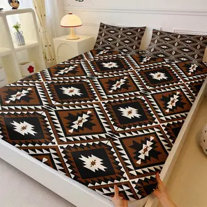 3Pcs Black Brown Southwestern Aztec Print Fitted Sheet Set No Fillers, Tribal Geometric Bed Sheet Set, Boho Western Soft Bedding Set with Pillowcases, for Boys Girls Teens Bohemian Rustic Soft Room Decor