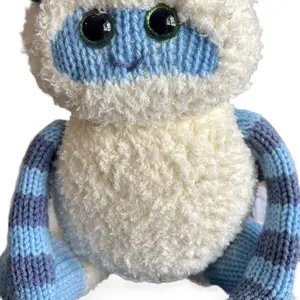 Knit Yeti - Adorable Blue & White Knitted Plush Toy with Big Green Eyes and Soft Texture