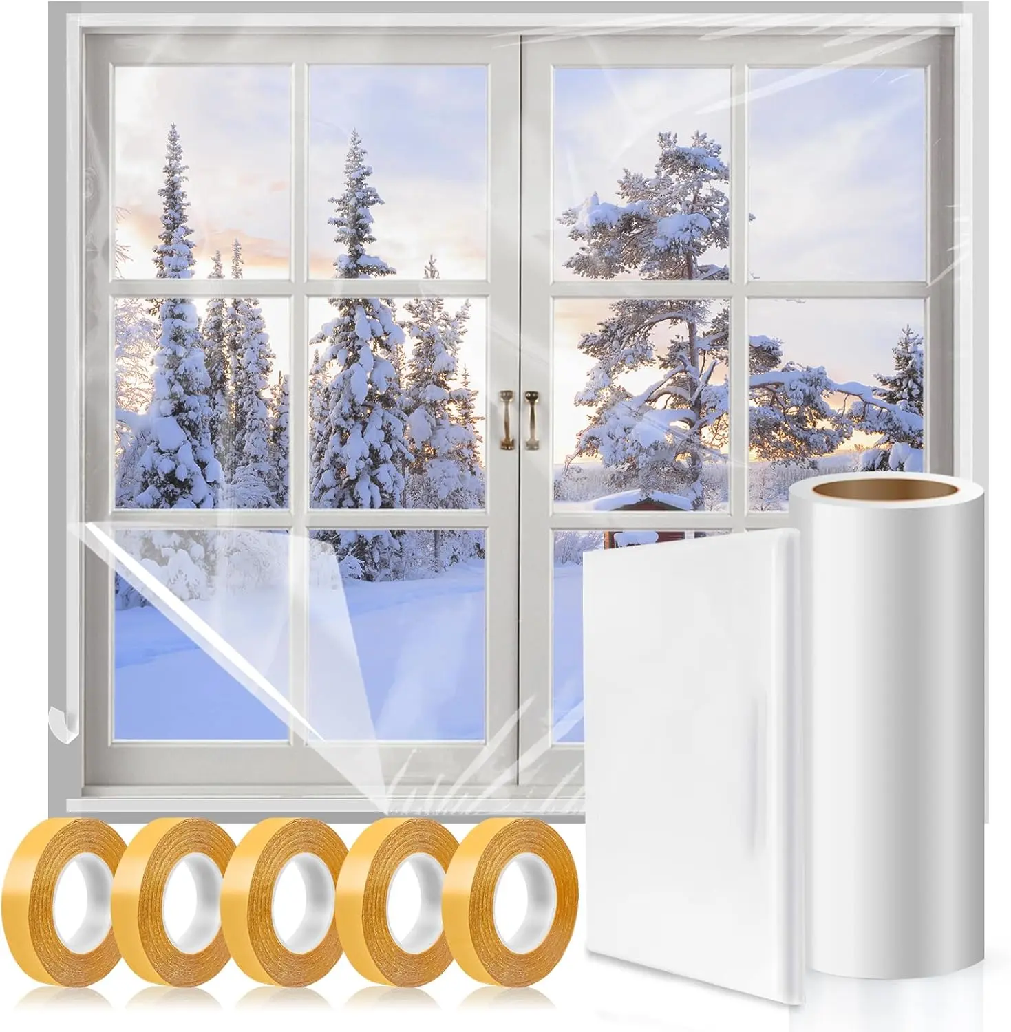 Window Insulation Kit - Multi-Size Thick Plastic Draft Insulator Films (63×394 in, 87×110 in), Waterproof Winter Cold Weather Solution with Double-Sided Tape, 63 × 394 Inch