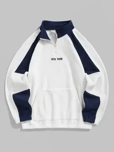 Men's Colorblock NEW YORK Embroidered Quarter Zip Kangaroo Pocket Polar Fleece Sweatshirt Menswear Hoodie western clothing jackets Long Sleeve White faux fur coat western outfits
