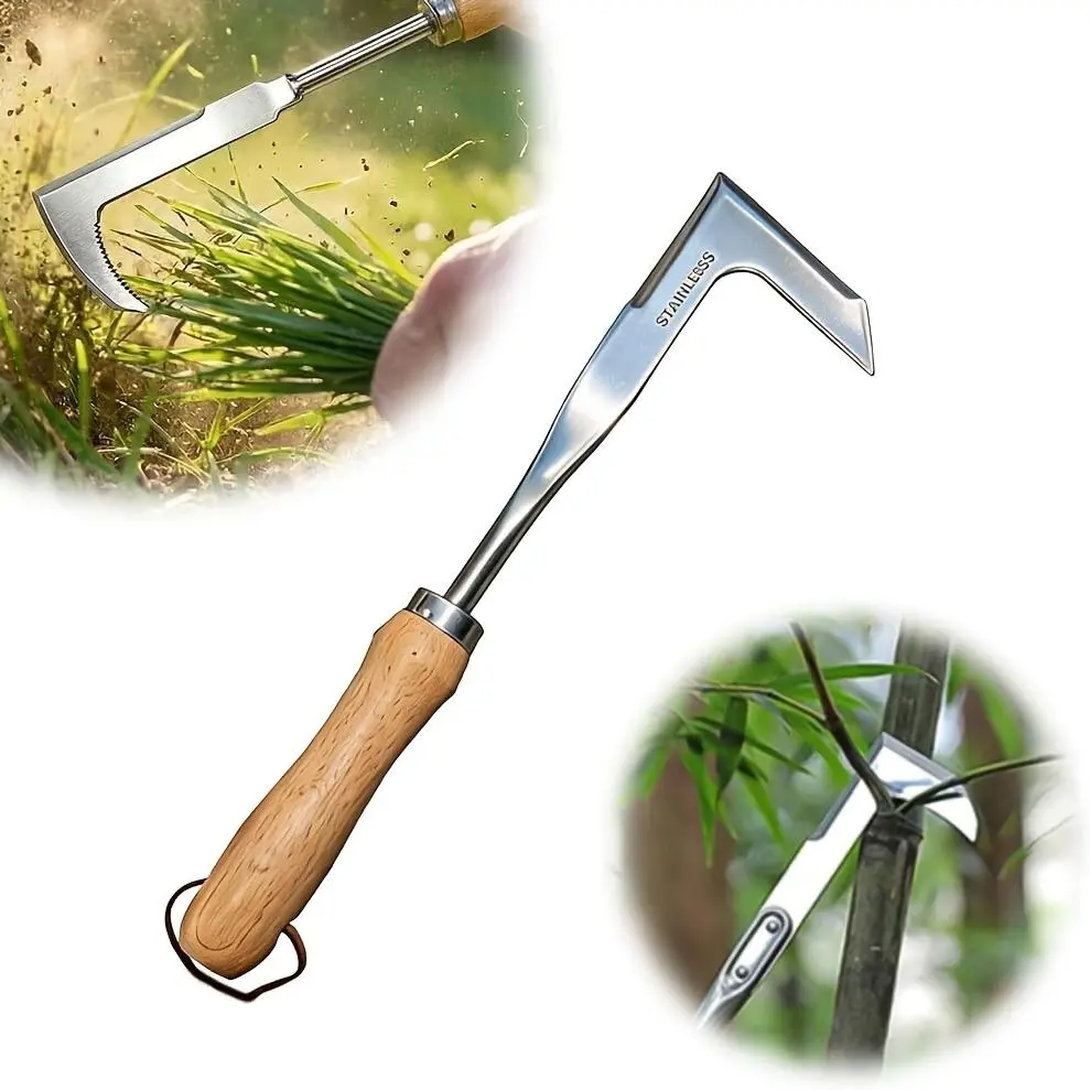 Crack Weeder Tool Stainless Steel Manual Grass PullerwithBeech Wood Handle for Sidewalk Driveways PatioPaverNarrow and Wall Gaps Garden