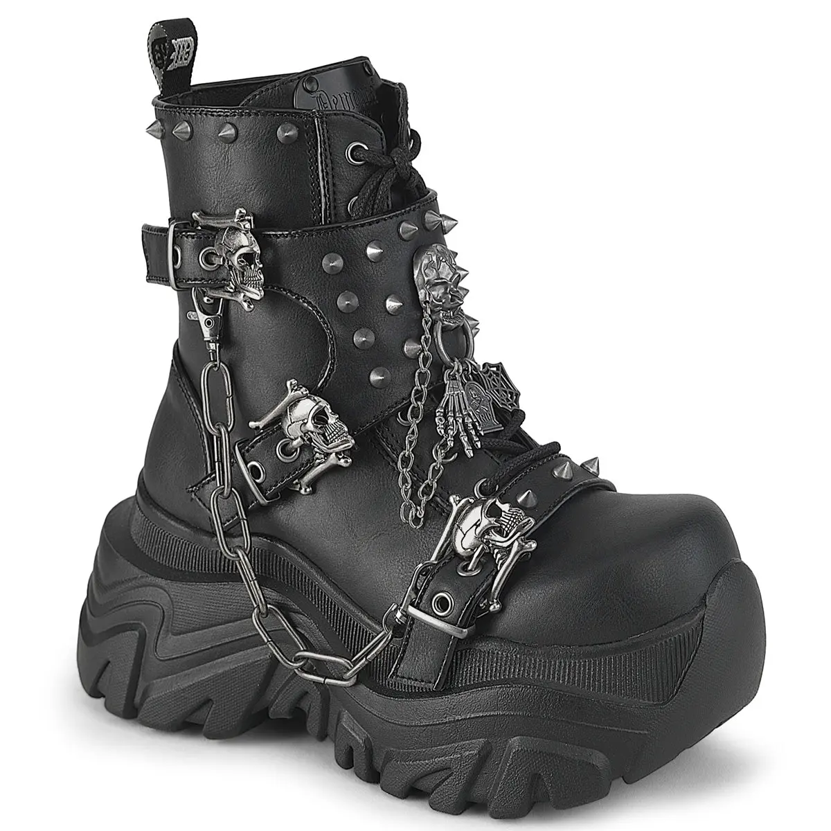 Demonia Echo-60 Black Ankle High Goth Boots with Flared Platform and Double Skull Buckle Straps for Women Demonia Echo-60 Black Ankle High Goth Boots with Flared Platform and Double Skull Buckle Straps for Women