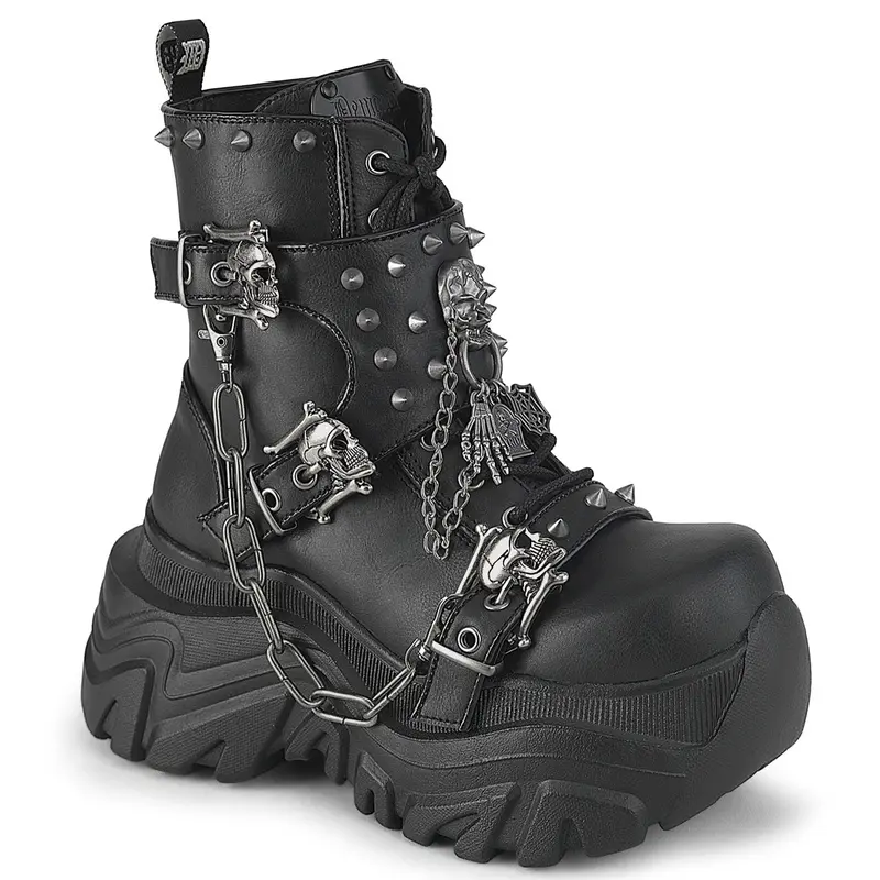 Demonia Echo-60 Black Ankle High Goth Boots with Flared Platform and Double Skull Buckle Straps for Women