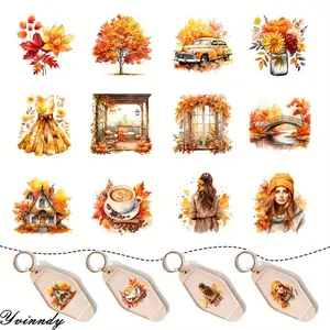 5Pcs/Set Autumn Atmosphere Style Themed UV DTF Keychain Stickers - Waterproof Pattern, Motel And Hotel Keychain Decoation, Easy To Use, Decorative Stickers, Adhesive Vinyl Decal