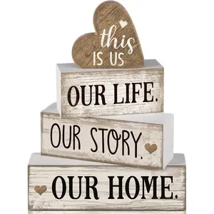 4 Pcs Farmhouse Wooden Heart Tabletop Decor Farmhouse Tiered Tray Decor This is Us Centerpiece Decorative Rustic Our Home Block Sign Gift for Home Table Kitchen Shelf Decoration
