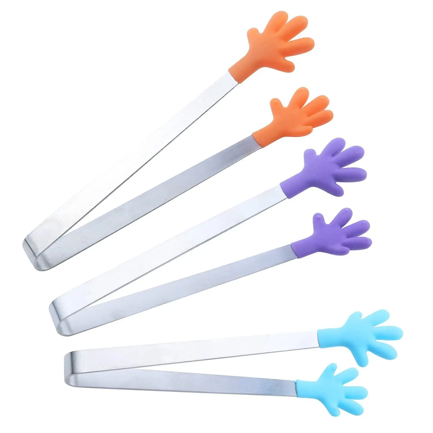 5-Inch Silicone Mini Tongs 3Pcs Hand Shape Silicone Tongs Food Tongs Small Tiny For Food Sugar Ice Salad Buffet Barbecue(Purple,Orange,Blue)