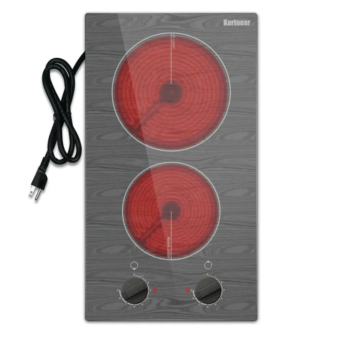 Karinear Portable Double Burner Electric Stove Top - Glass Cooktop, Wooden Grain Finish, Knob Control, Adjustable Temperature Levels, Child Safety Lock, Household Appliances