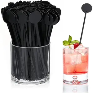 200 count  Stirrers, 7.3 Inches Black Drink Stirrers Disposable Swizzle Sticks for Drinks Plastic Disc Top Mixing Rod for Coffee Milk  Beverage Bar