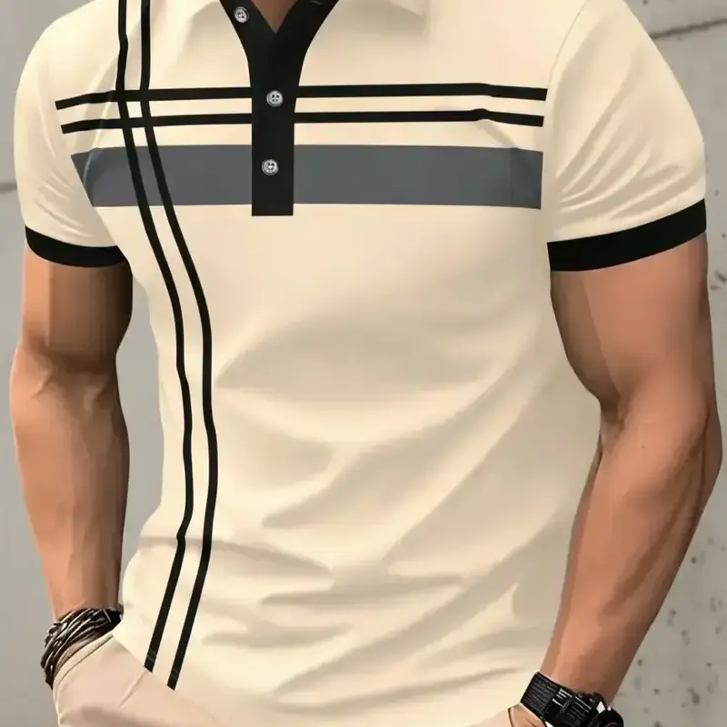 Men's Striped Print Contrast Binding, Casual Short-Sleeve Button-Front Top, Casual Polo Shirts for Summer, Fashion Men's Clothes for Daily Wear