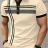 Men's Striped Print Contrast Binding, Casual Short-Sleeve Button-Front Top, Casual Polo Shirts for Summer, Fashion Men's Clothes for Daily Wear