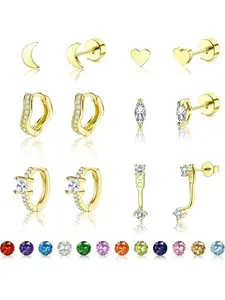 6-Piece Set: Birthstone Earrings for Women – Popular Stainless Steel Earrings, Hypoallergenic, Zirconia, Heart & Moon Designs, Cute Hoop Earrings for Women – Accessories