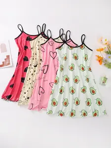 Women's Cartoon Print Contrast Binding Cami Nightdress, Casual Soft Comfortable Sleeveless Nightgown for All Seasons, Lady's Sleepwear for Indoor Wear,  Night Gown for Women