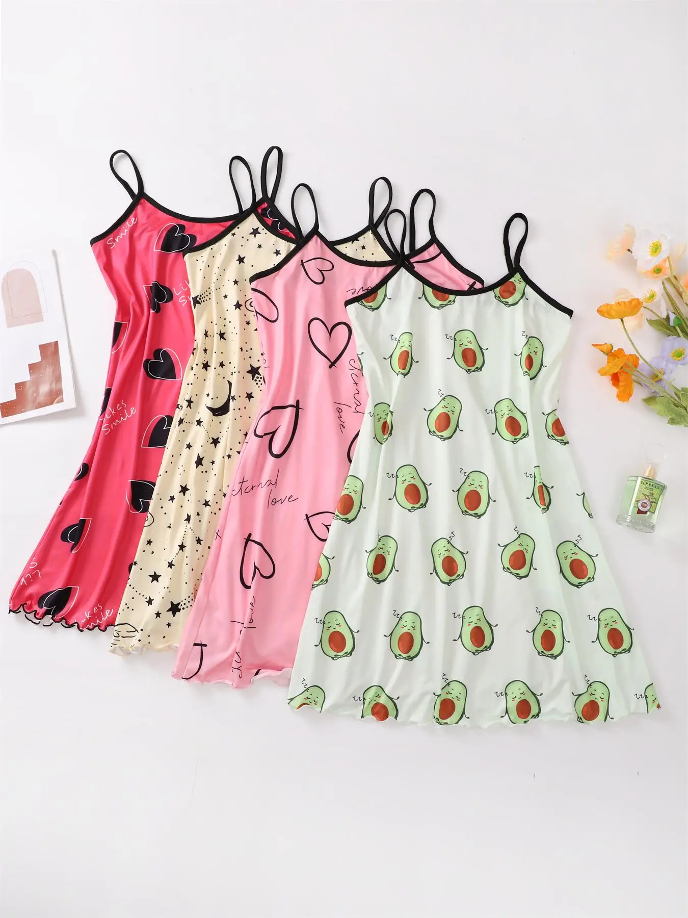 Women's Cartoon Print Contrast Binding Cami Nightdress, Casual Soft Comfortable Sleeveless Nightgown for All Seasons, Lady's Sleepwear for Indoor Wear