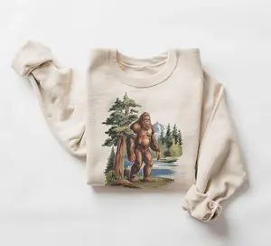 Retro Bigfoot In The Redwoods Sweatshirt - 90s Sasquatch Cryptozoology Cryptid Outfit - Boho Unisex Crewneck Sweatshirt