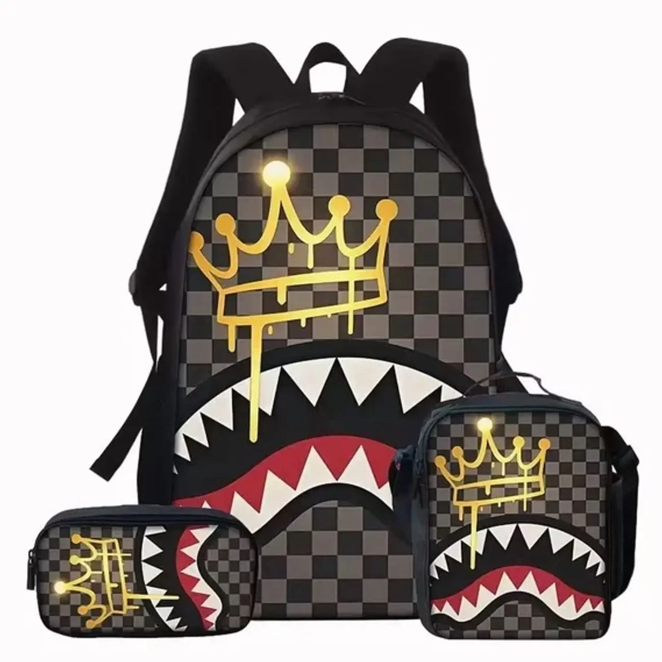 Trending Camo Shark Pattern Streetwear School Bag Set | 3Pcs Large Capacity Lightweight Backpack Lunch Bag Pencil Case | Travel Daypack