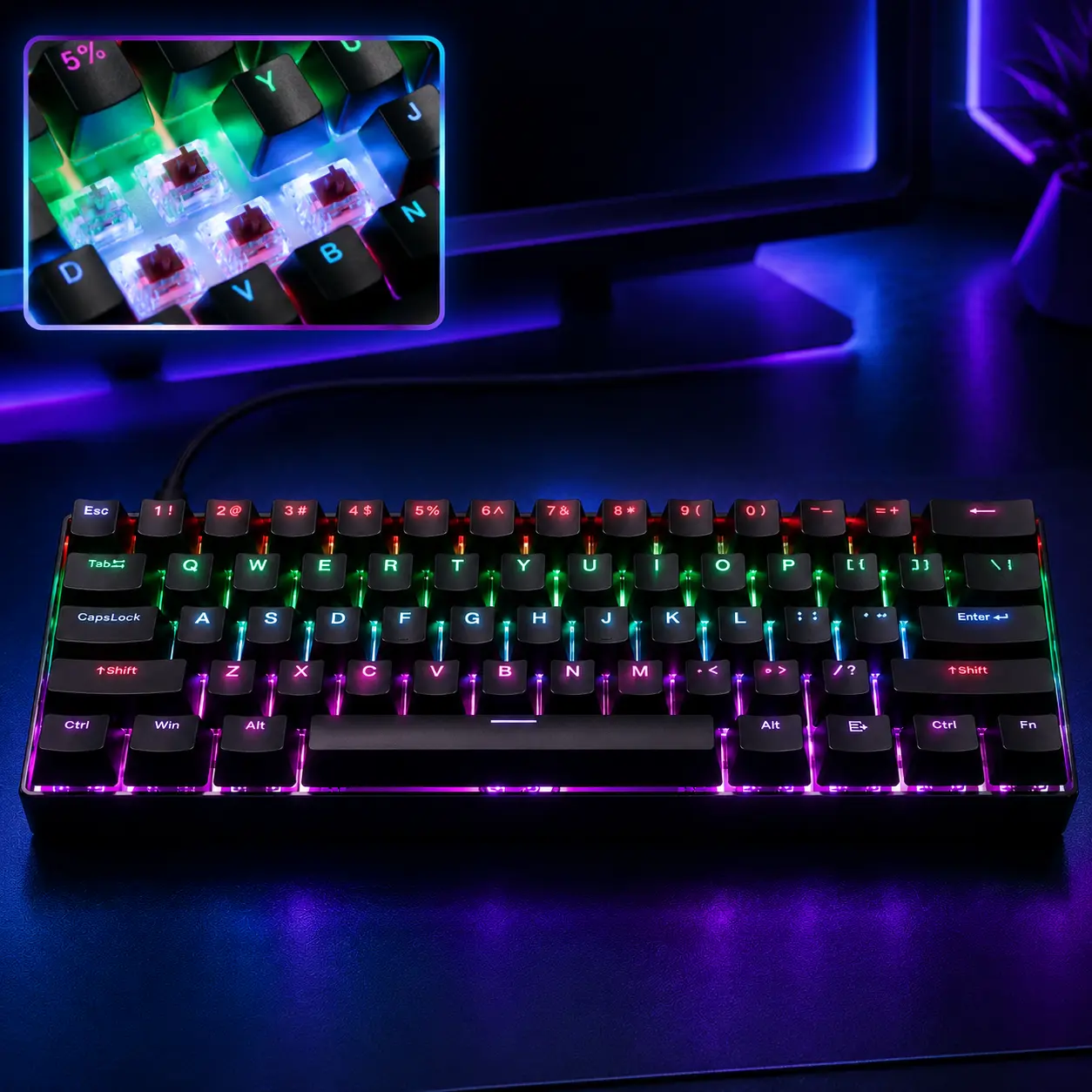 61 Key Mechanical Keyboard, Hot Swappable 60% Compact Gaming Keyboard with RGB Backlit, 17 Lighting Modes, Wired USB Keyboard for Office & Gaming