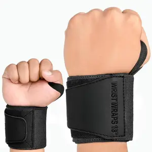 Pair of 18" Deep Black Weight Lifting Wrist Wraps Support Elasticated Cotton Straps Thumb Loop Powerlifting Bodybuilding Strength Gym  Workout (Black)