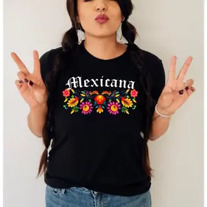 Mexicana floral shirt,Playeras Mexicanas,Mexico shirt folk,Mexicana flowers shirt,Mexican shirts,Hispanic heritage month,Mexicana Graphic T-shirt Cotton Top, Womenswear Summer