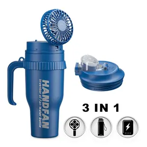HandFan 40 oz tumbler 3 in 1  BPA Free Insulation bottle mini Portable fan Power bank Gift for Hiking Camping Travel Party Sports Workout Outdoor activity  Blue Thermos for Amuzement Park Office Truck Driver Summer Essential